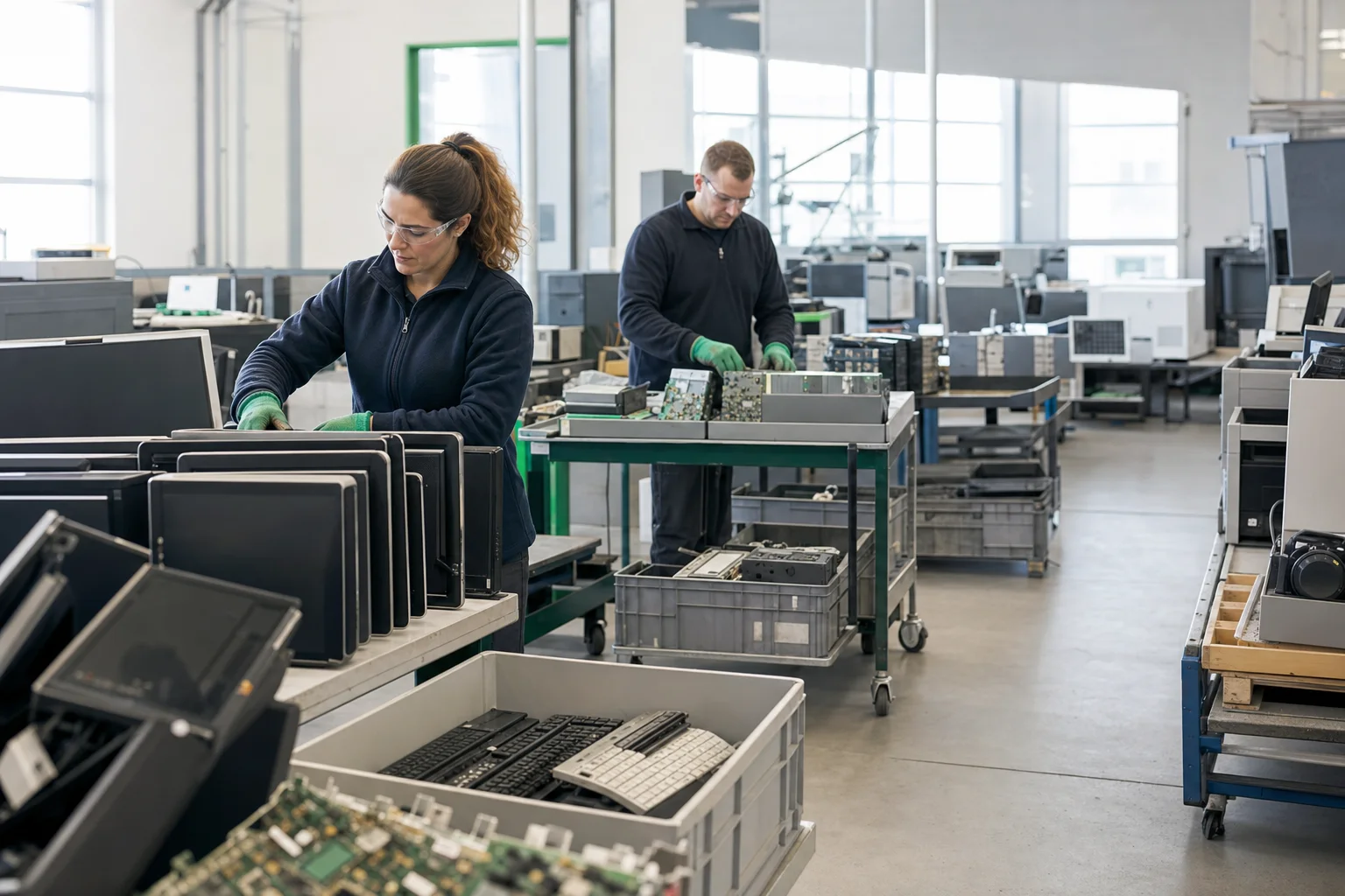 Specialists sorting business electronics in an organized recycling facility