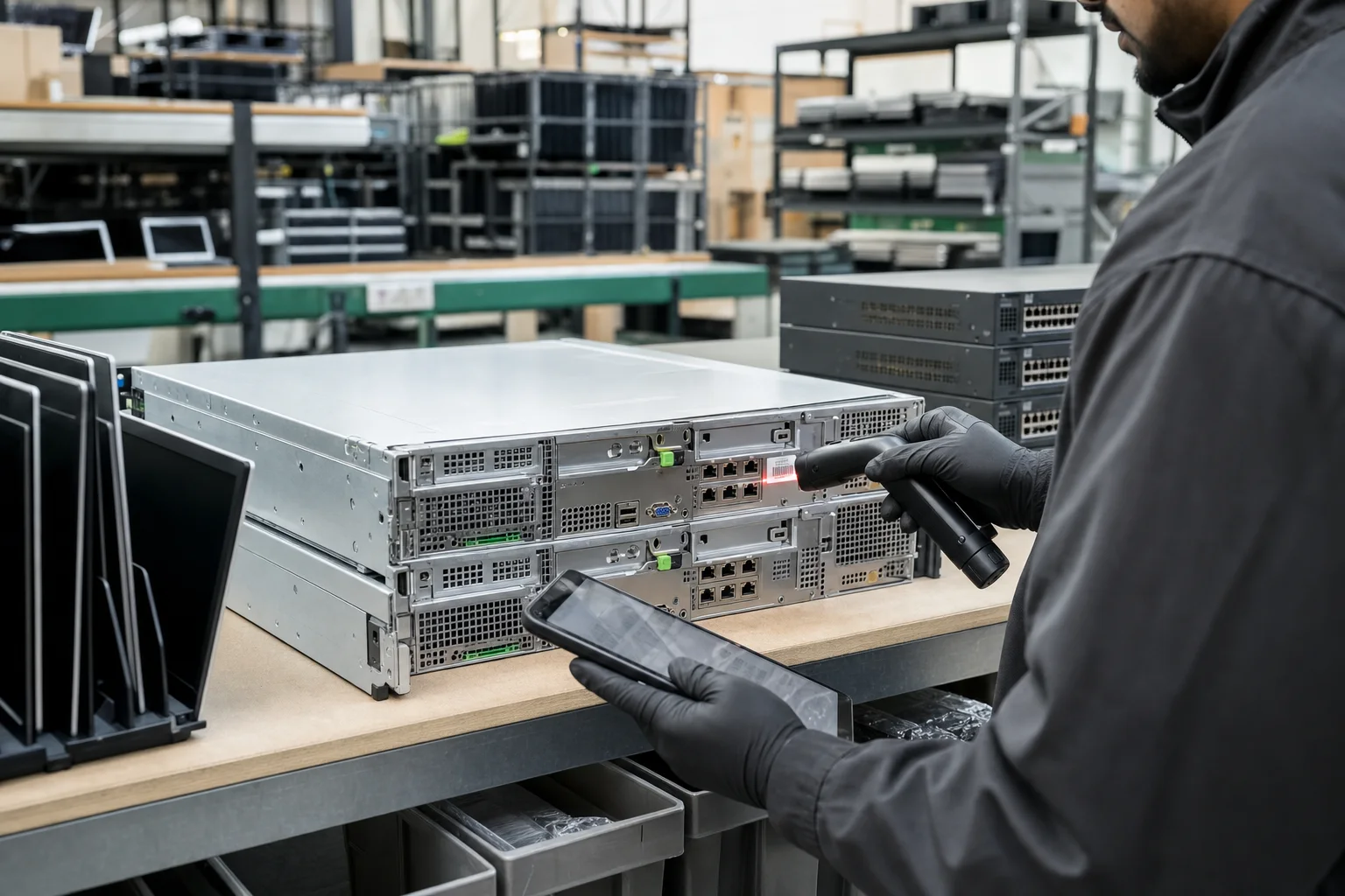 Technician scanning serialized servers during IT asset intake