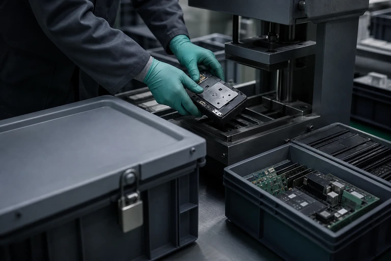 Gloved technician processing obsolete electronics in a secure destruction station
