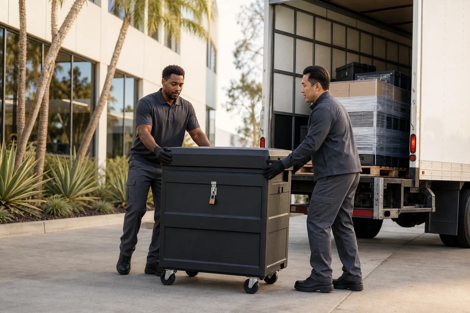 Secure electronics pickup team moving a locked collection bin